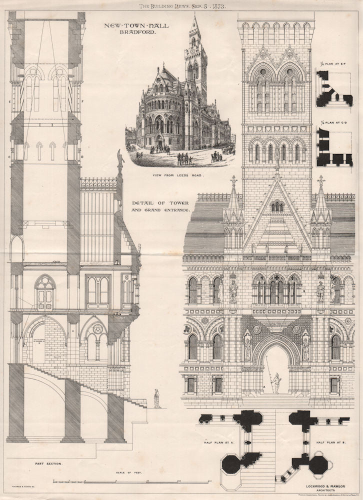 New Town Hall, Bradford; tower & entrance; Lockwood & Mawson Architects 1873
